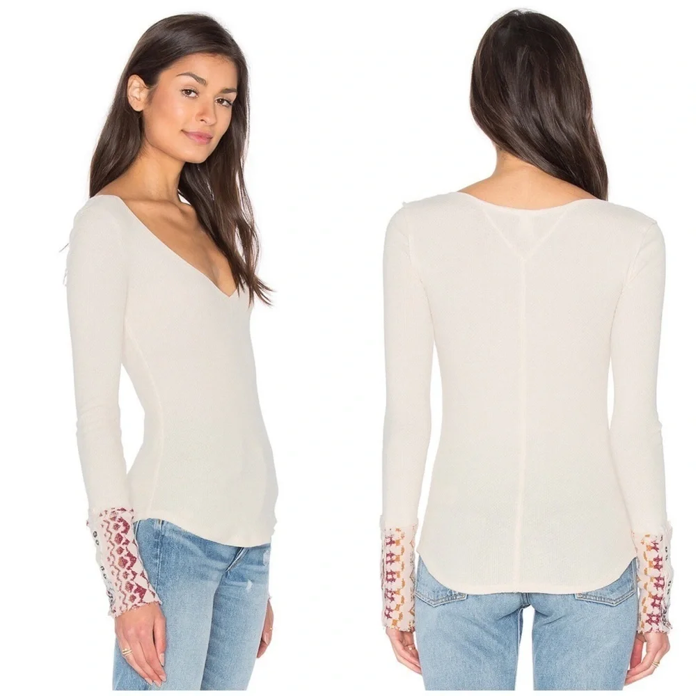 FREE People We the Free Art school cuff V-Neck Thermal Shirt Cream Sz M